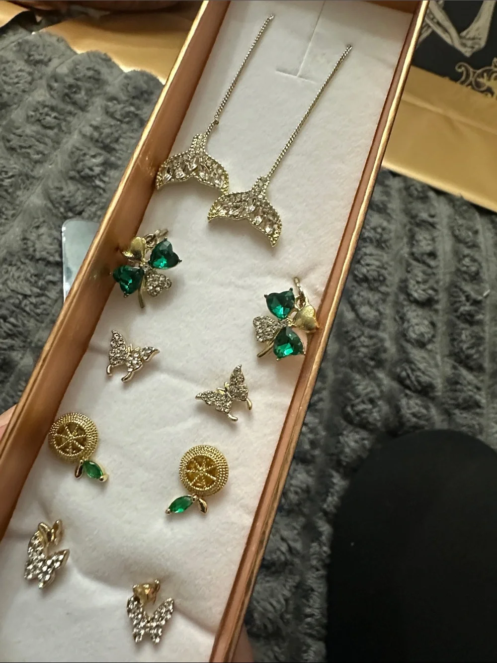 Gold Floral & Charm Necklace Set with Green Accents